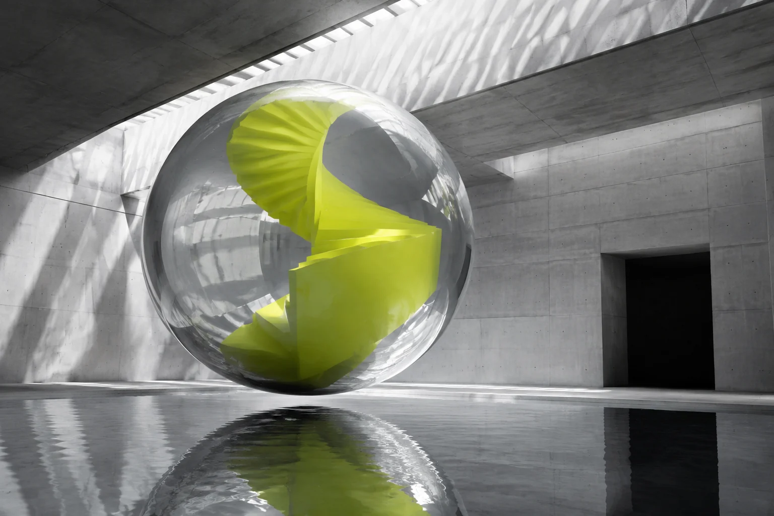 A glass sphere holding a citron ribbon inside a monumental white gallery